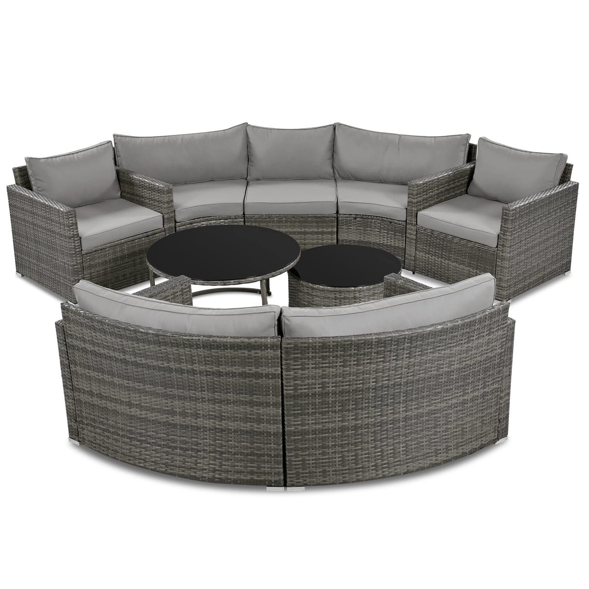 9 Pieces Outdoor Half-Moon Patio Sofa Set, Round Sofa Set with Coffee Table, Modern Rattan Sectional Furniture Set for Garden Poolside Patio, Gray RuiSiSi
