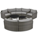 9-Piece Outdoor Patio Half Moon Furniture Set, Free Combination Sofa Set Sectional Conversation Set, Rattan Wicker Half Moon Sofa Set with Free Overlapping Round Table (Gray Wicker + Gray Cushion) YSWH