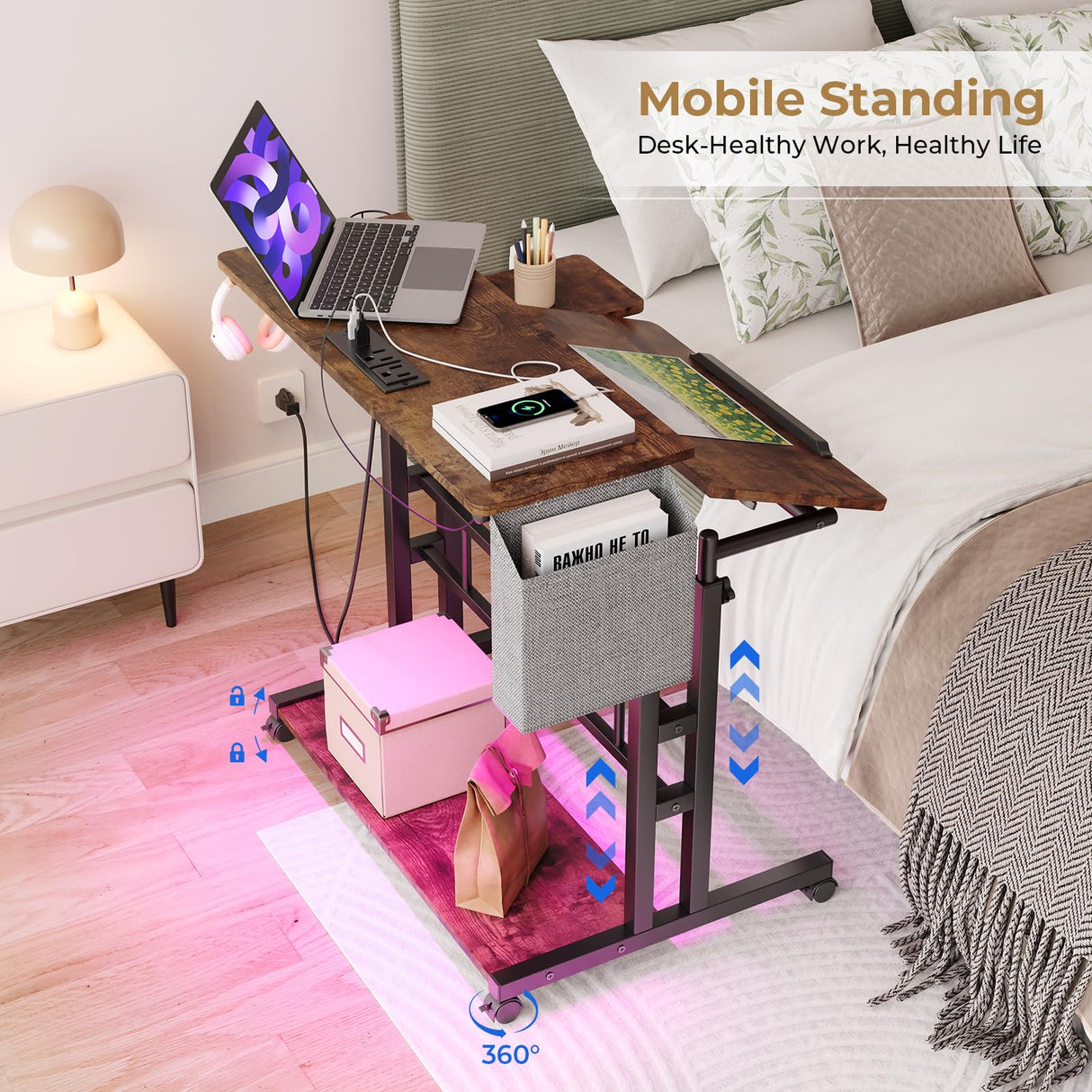 Dripex Mobile Standing Desk with Power Outlets & Strip Lights, Rolling Computer Table with Cup Holder, Hook, Storage Bag, Adjustable Height Desk, Small Standing Desk Drawing Desk Dripex