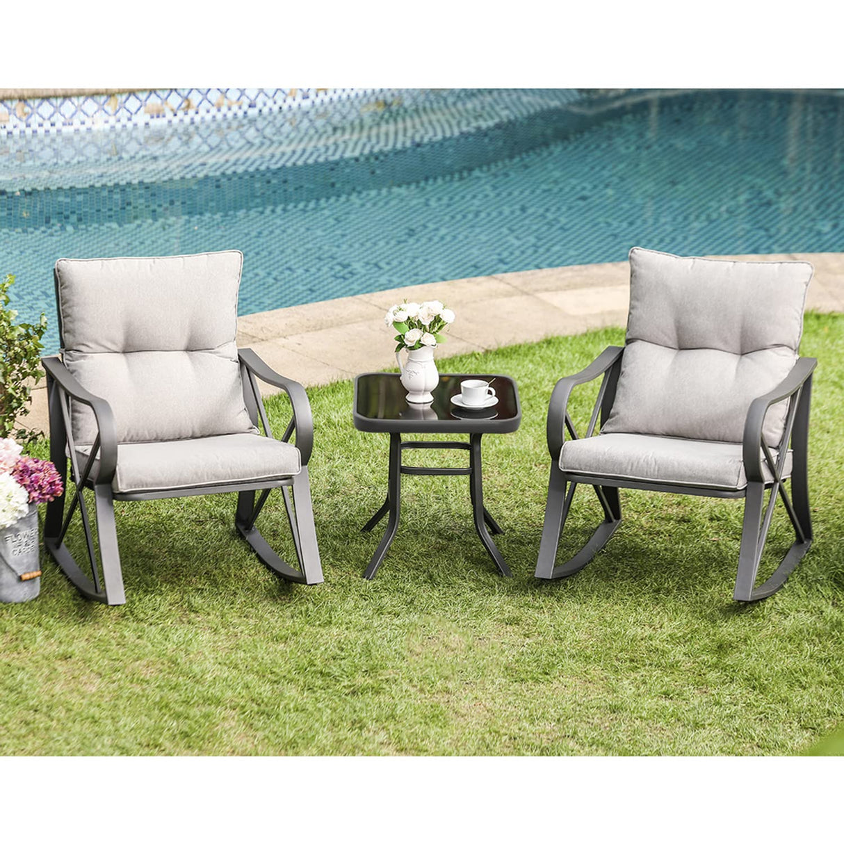 COSIEST 3 Piece Bistro Set Patio Rocking Chairs Outdoor Furniture w Warm Gray Cushions, Glass-Top Table for Garden, Pool, Backyard COSIEST