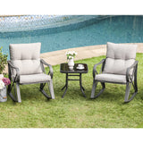 COSIEST 3 Piece Bistro Set Patio Rocking Chairs Outdoor Furniture w Warm Gray Cushions, Glass-Top Table for Garden, Pool, Backyard COSIEST