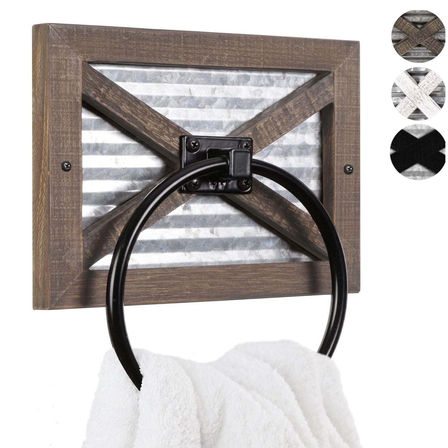 Autumn Alley Rustic Farmhouse Towel Holder for Bathroom, Rustic Hand Towel Holder, Rustic Towel Rack Holder, Wall Mounted, Western Bathroom Decor, Wood Country Decor, Galvanized Metal, Black Ring