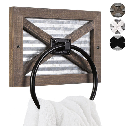 Autumn Alley Rustic Farmhouse Towel Holder for Bathroom, Rustic Hand Towel Holder, Rustic Towel Rack Holder, Wall Mounted, Western Bathroom Decor, Wood Country Decor, Galvanized Metal, Black Ring