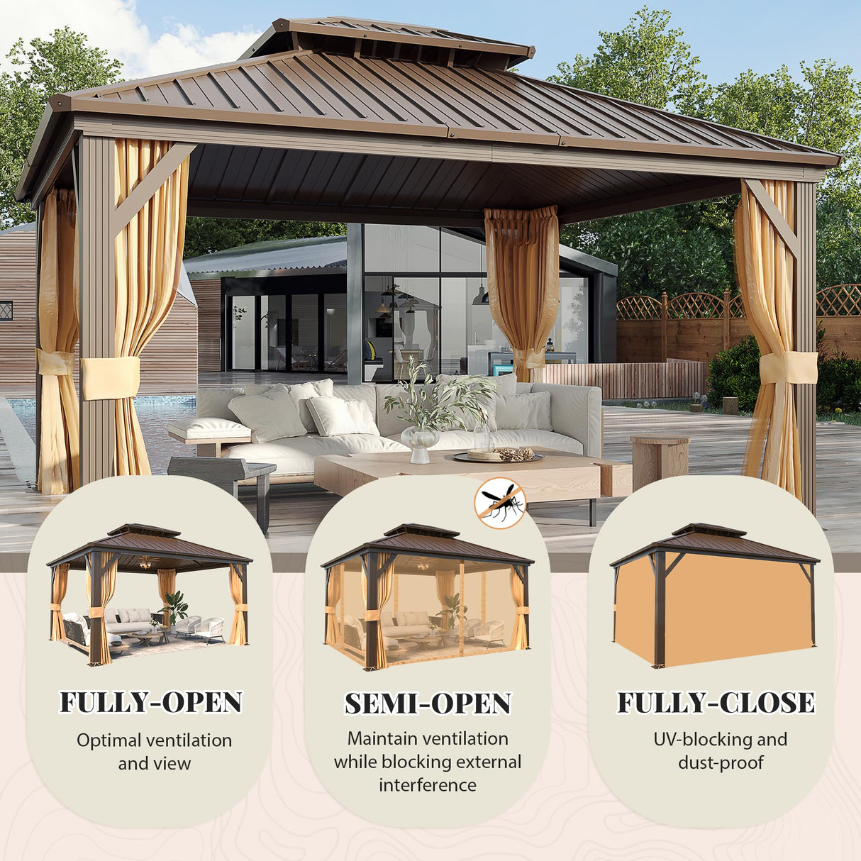YOLENY 12' x 14' Gazebo, Hardtop Gazebo with Aluminum Frame, Double Galvanized Steel Roof, Curtains and Netting Included, Metal Gazebos Pergolas for Patios, Garden, Parties, Lawns YOLENY