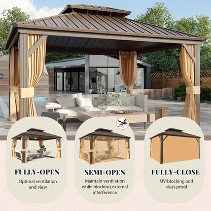 YOLENY 12' x 14' Gazebo, Hardtop Gazebo with Aluminum Frame, Double Galvanized Steel Roof, Curtains and Netting Included, Metal Gazebos Pergolas for Patios, Garden, Parties, Lawns - WoodArtSupply