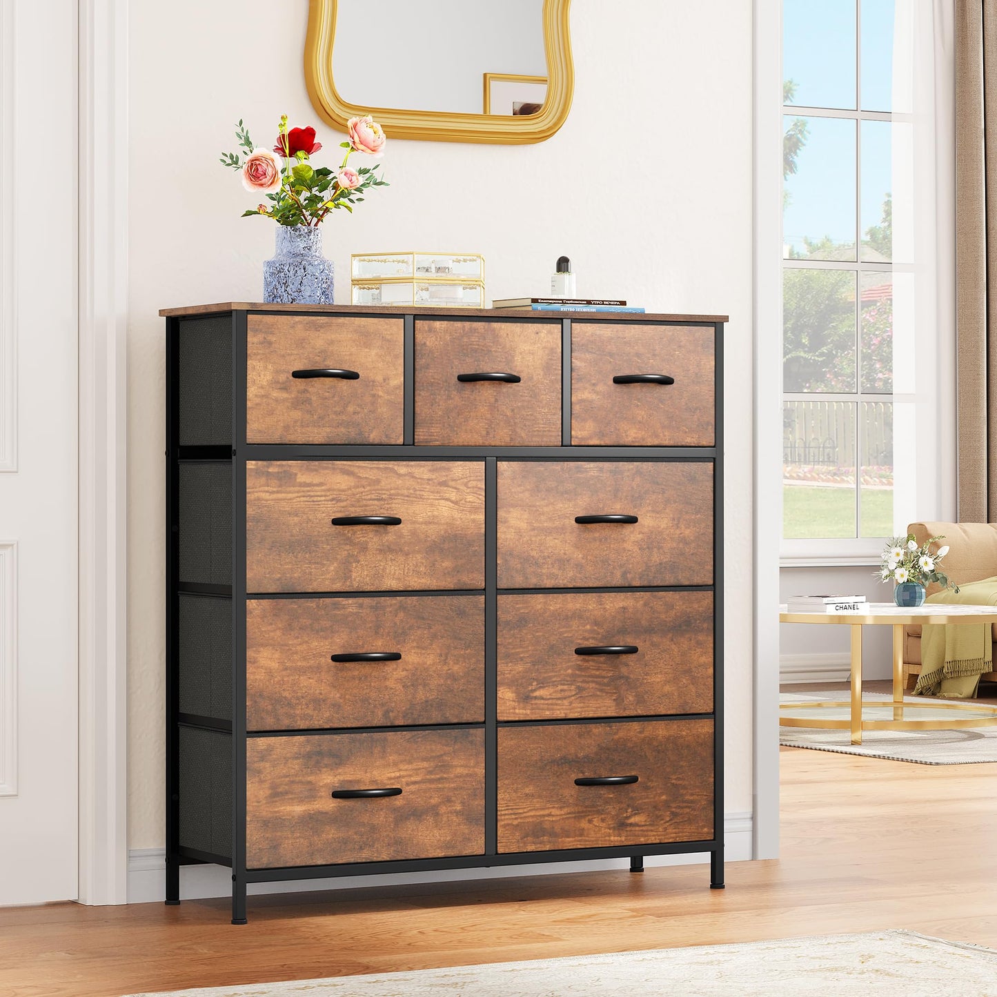 YITAHOME Dresser for Bedroom with 9 Drawers - Fabric Storage Tower, Tall Chest Organizer Unit for Living Room, Entryway, Closets with Sturdy Steel Frame, Wooden Top