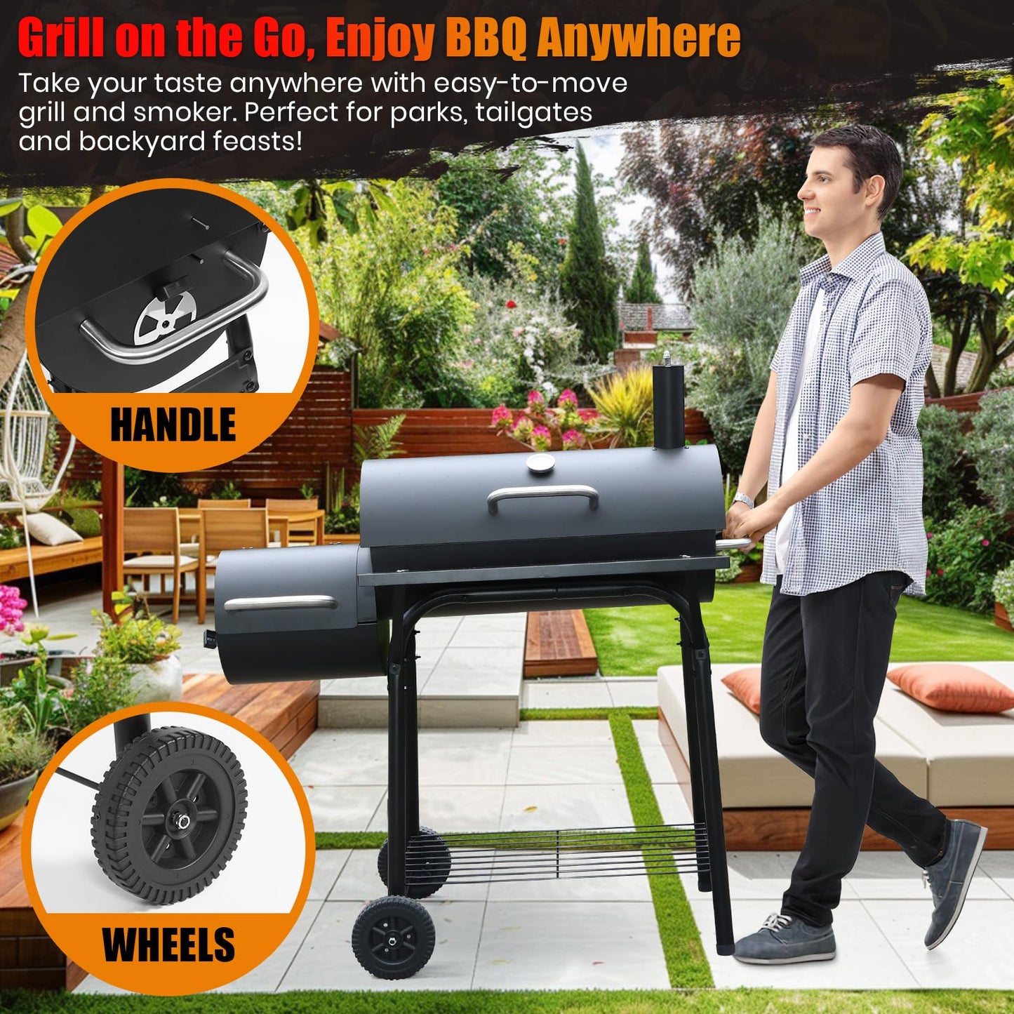 SUNLIFER Charcoal Grill Offset Smoker: Charcoal Barbecue Grills with Spacious Cooking Area | Barrel BBQ Grill and Smokers Combo for Outdoor Patio Backyard Camping and Parties