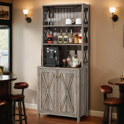 YITAHOME 67" Tall Wine Bar Cabinet for Liquor Storage with Glasses Rack, Doors and Shelves, Freestanding Farmhouse Home Buffet Coffee and Wine Bar Cabinet for Living Room, Dining Room, Kitchen, Grey