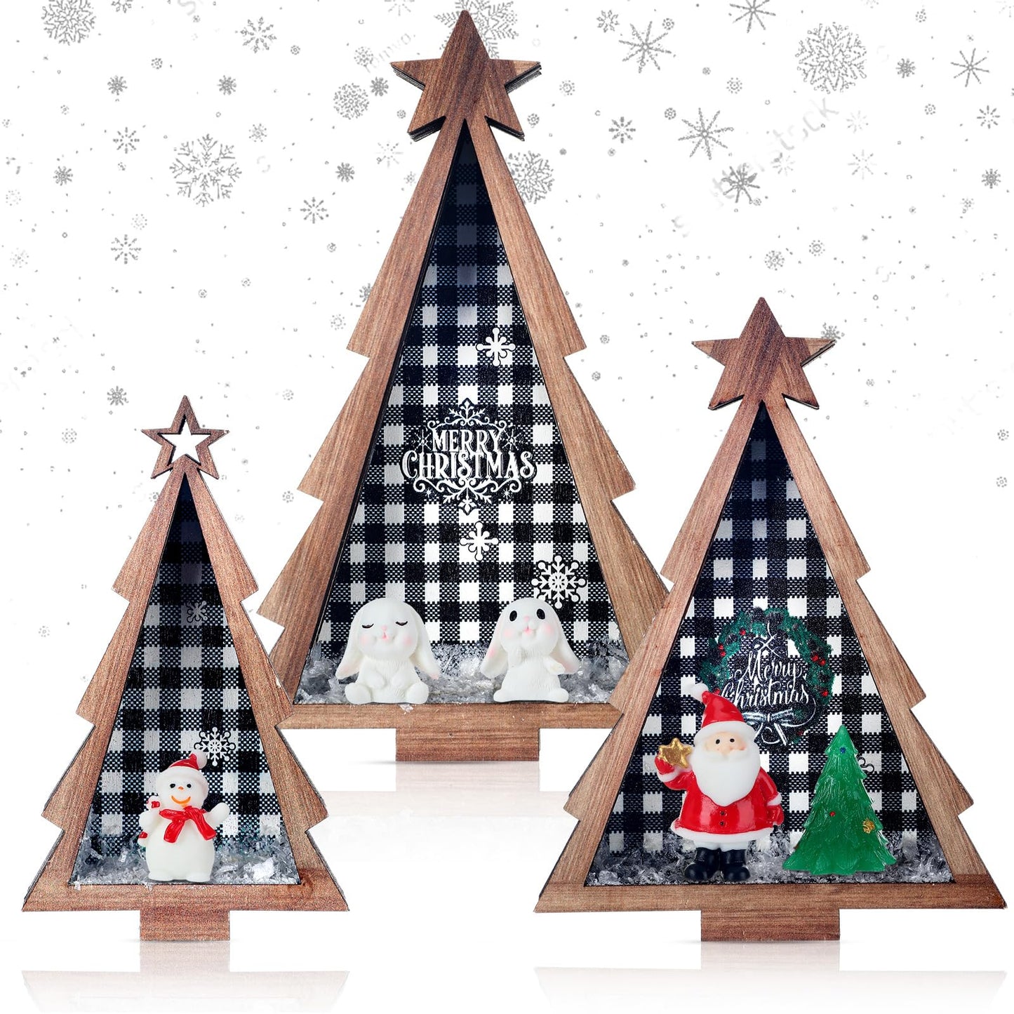 3 Pcs Wooden Christmas Trees Rustic Tabletop Decoration with Christmas Resin Charms Farmhouse Wooden Xmas Centerpiece Christmas Tree Sign Centerpieces for Table Home Decor