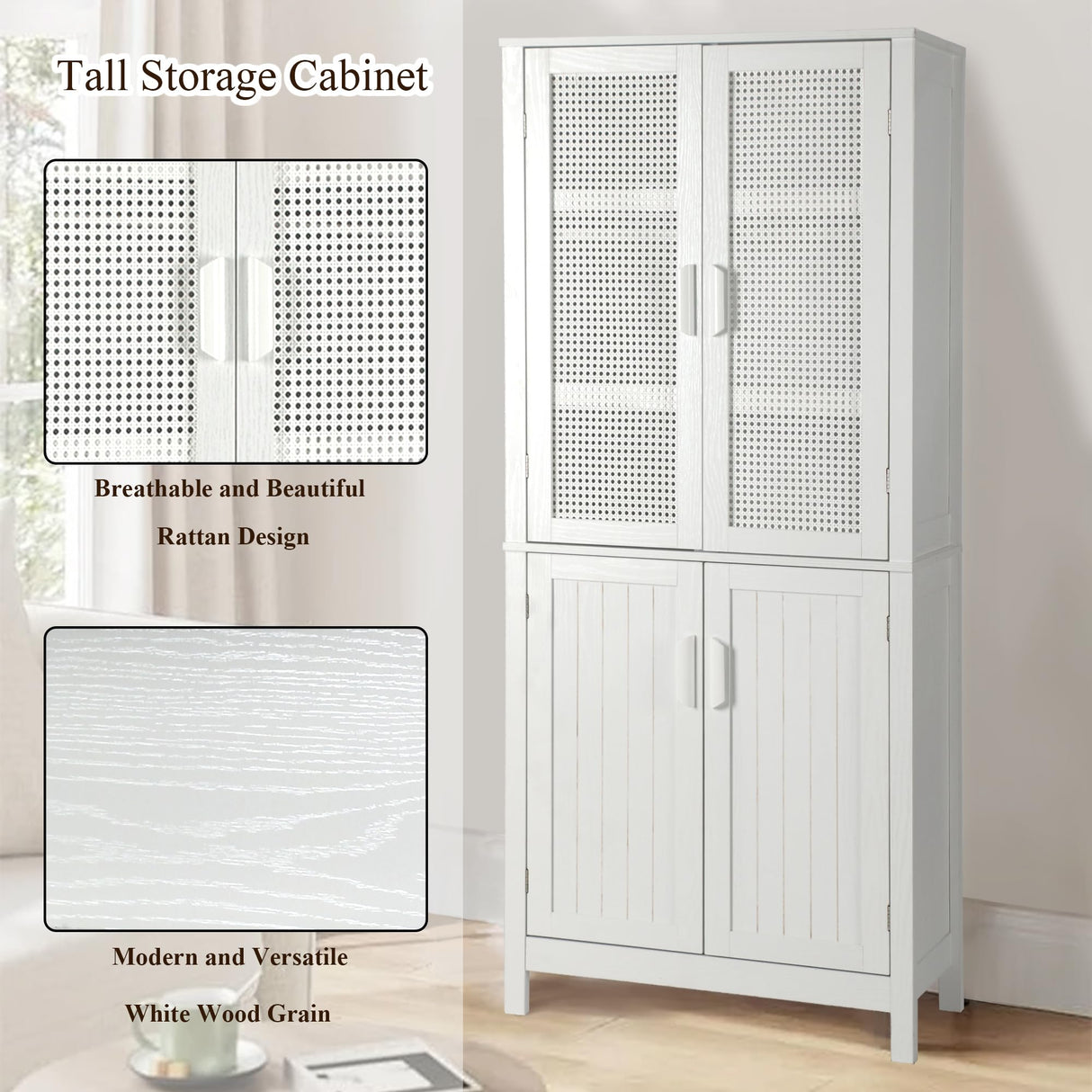 MISHAO 71" Kitchen Pantry Storage Cabinet, Tall Storage Cabinet with Rattan Doors & Adjustable Shelves, Freestanding Cupboard Wood Pantry for Kitchen, Living Room, Dining Room Hallway, White MISHAO
