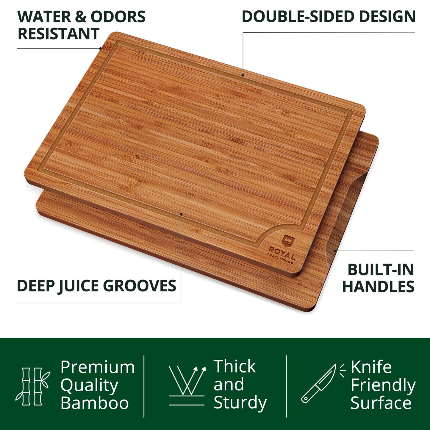 ROYAL CRAFT WOOD Wooden Cutting Boards for Kitchen Meal Prep & Serving - Bamboo Wood Serving Board Set with Deep Juice Groove Side Handles - Charcuterie & Chopping Butcher Block for Meat (3 P - WoodArtSupply