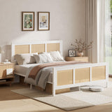 CHABUILDREARK Boho Bed Frame Full, Rattan Bed Frame with Natural Headboard, Metal Platform Bed Full Size with Strong Slats Support, No Box Spring Needed, Noise-Free, Easy Assembly, White CHABUILDREARK