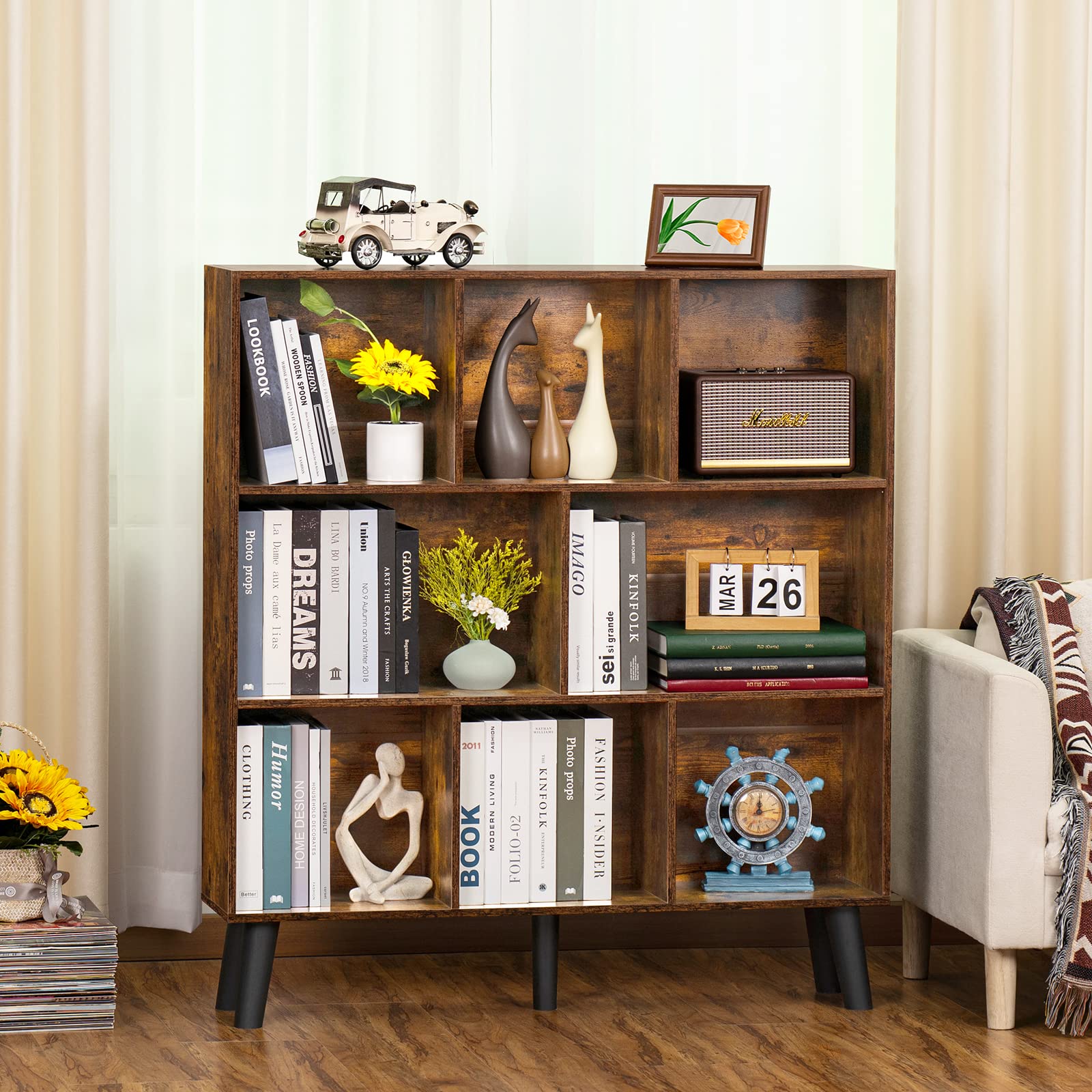 LEYAOYAO 8-Cube Rustic Brown Mid-Century Modern Bookshelf with Legs - 3-Tier Storage Organizer - WoodArtSupply