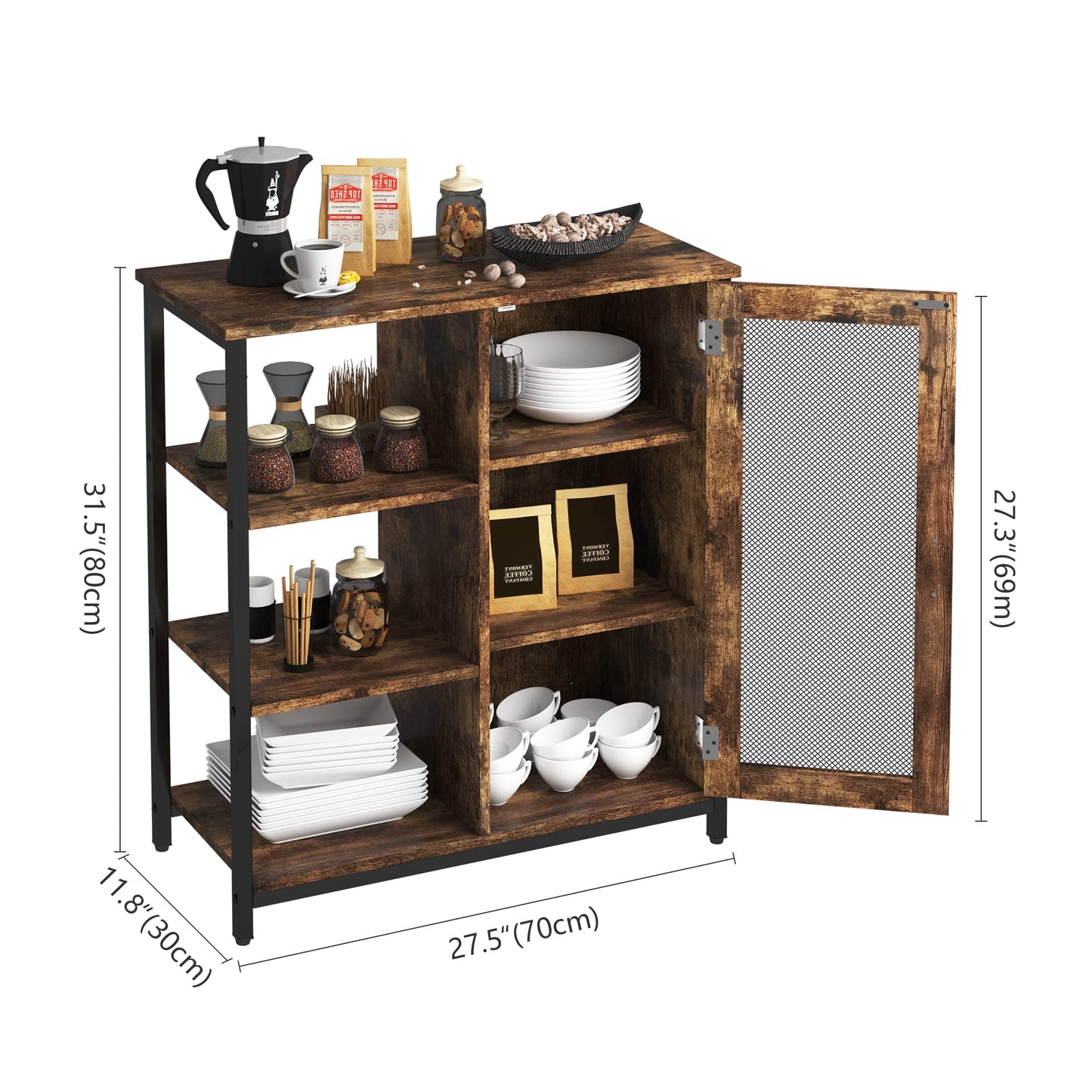 LVSOMT Industrial Farmhouse Buffet Cabinet with Storage and Adjustable Shelves - Brown Coffee Bar Table - WoodArtSupply