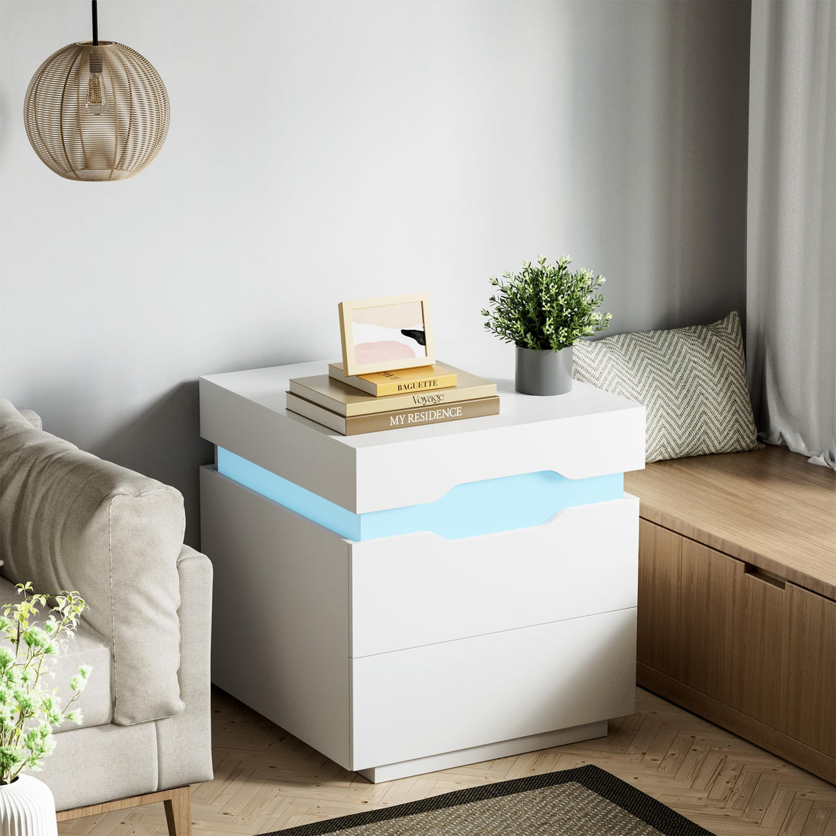 Furniwell LED Nightstand with Charging Station, End Table with Drawers, Night Stand Bedside Table with Sliding Top for Bedroom and Living Room, White Furniwell