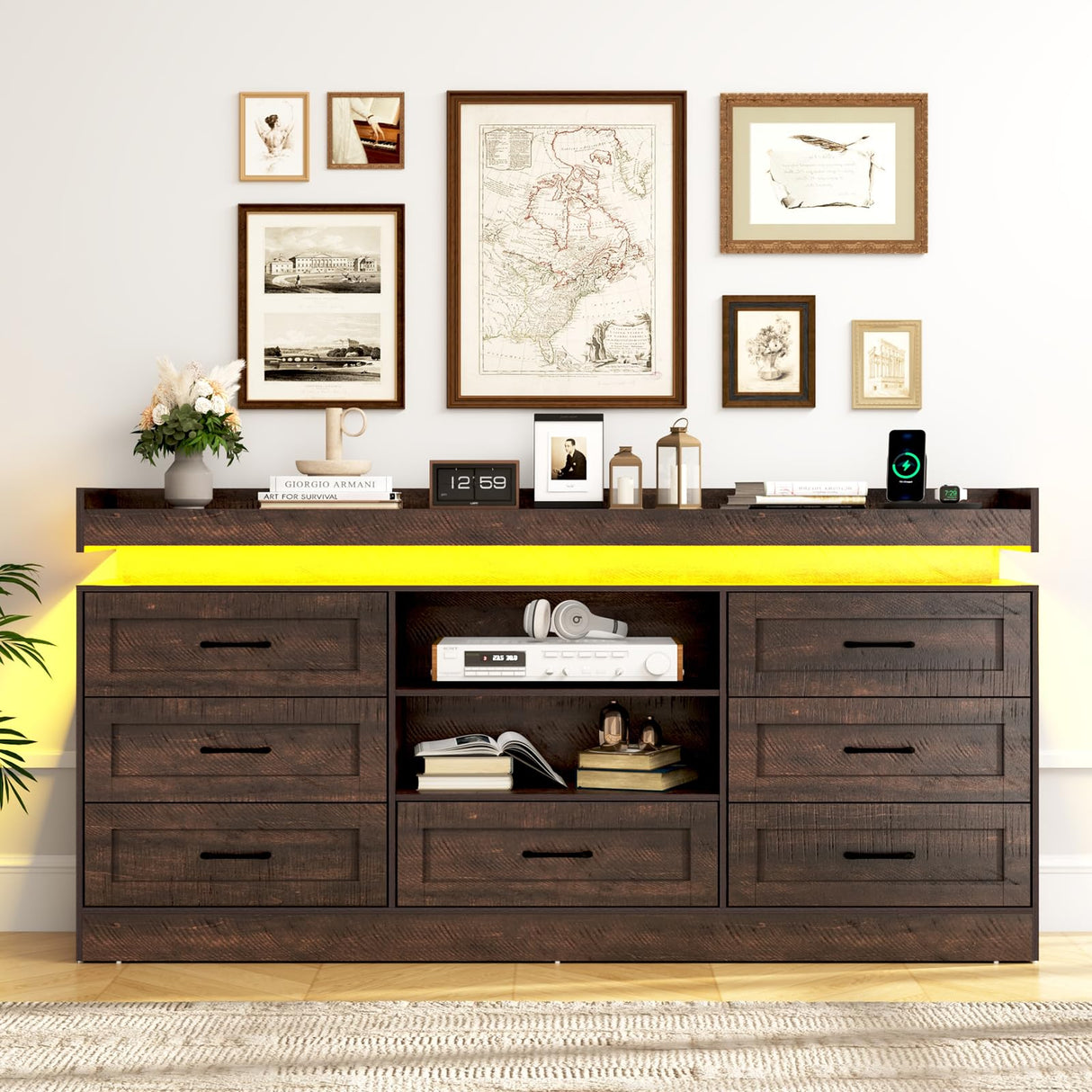 70"W Large Drawers Dresser,Tall Farmhouse 7 Drawers Dresser for Bedroom +2 Open Storage Shelves,with LED Light and Power Outlets,Wide Wood 7 Chests of Drawers for Closet for Bedroom(Antique Brown) chartustriable