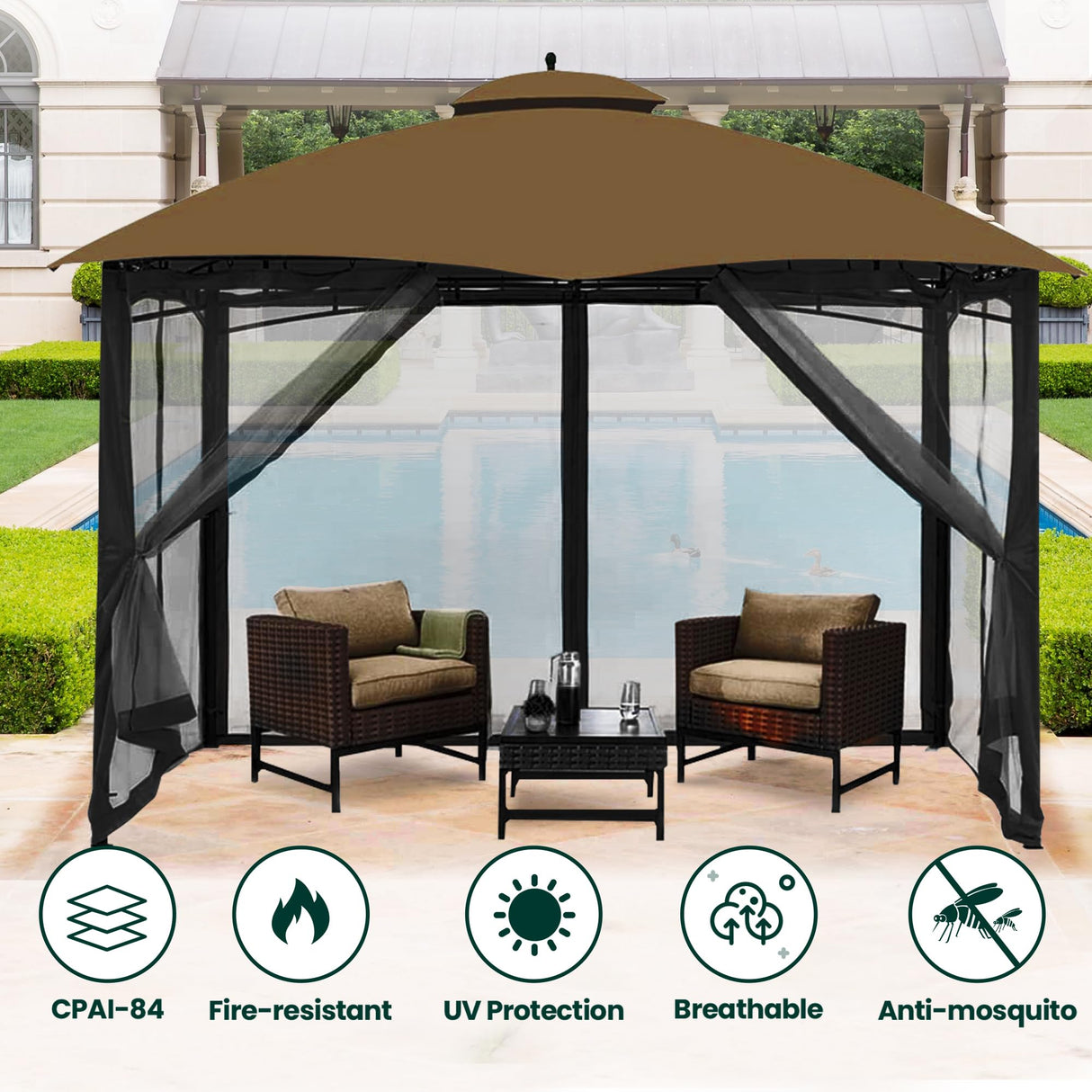 OLILAWN Gazebo Universal Replacement Mosquito Netting, 10' x 10' Outdoor Canopy Net Screen 4-Panel Sidewall Curtain, with Zippers, Easy to Install, Fit for Most Gazebo 10x10 Canopy, Black OLILAWN