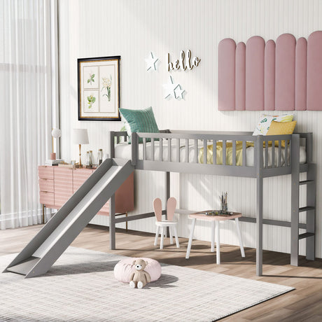 Bellemave Twin Size Loft Bed with Ladder & Slide, Toddler Loftbeds with Safety Rails,Wood Twin Low Loft Bed with Storage Space for Kids Toddler (Gray) Bellemave