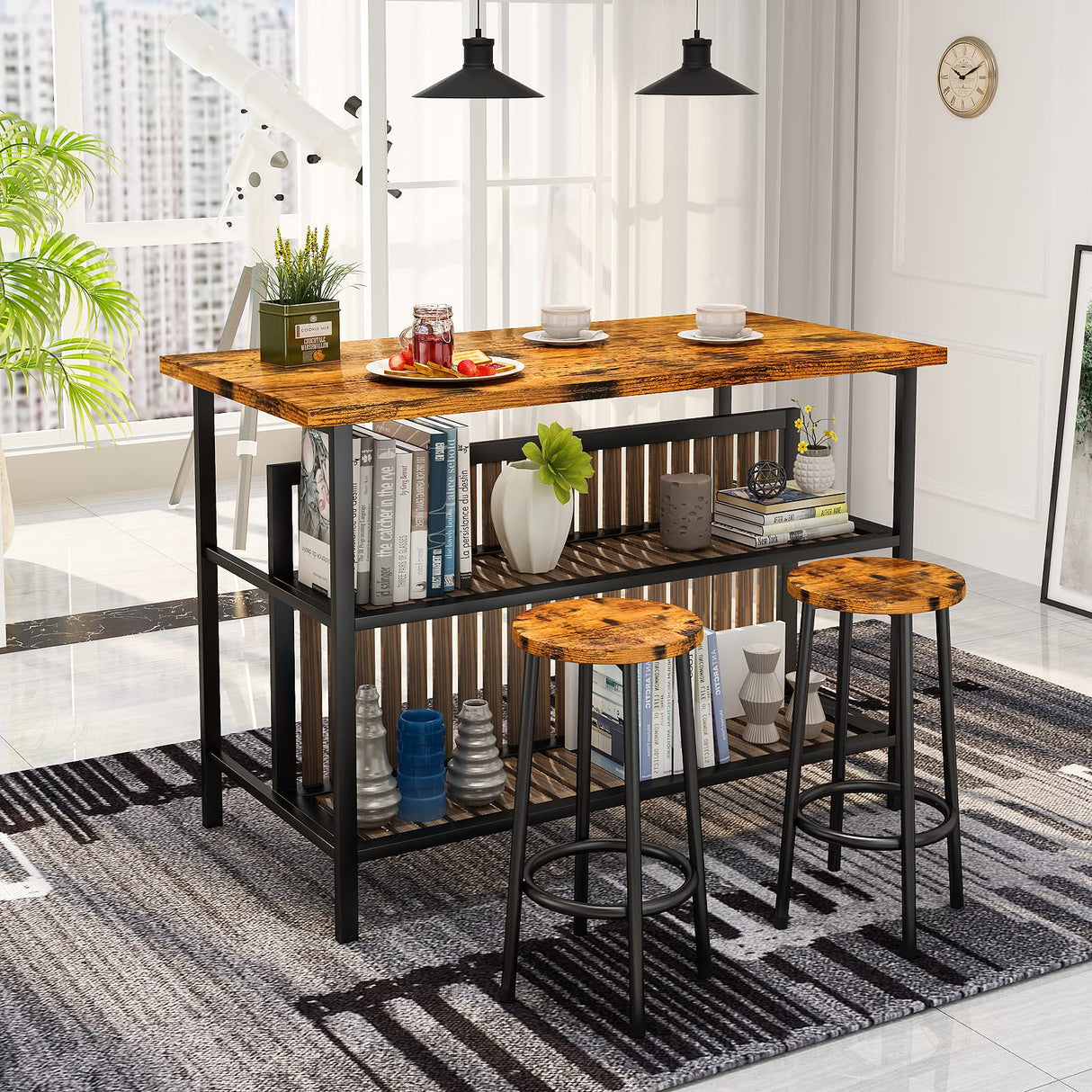 AWQM Walnut 3-Piece Kitchen Island Bar Table Set with Storage and Seating AWQM