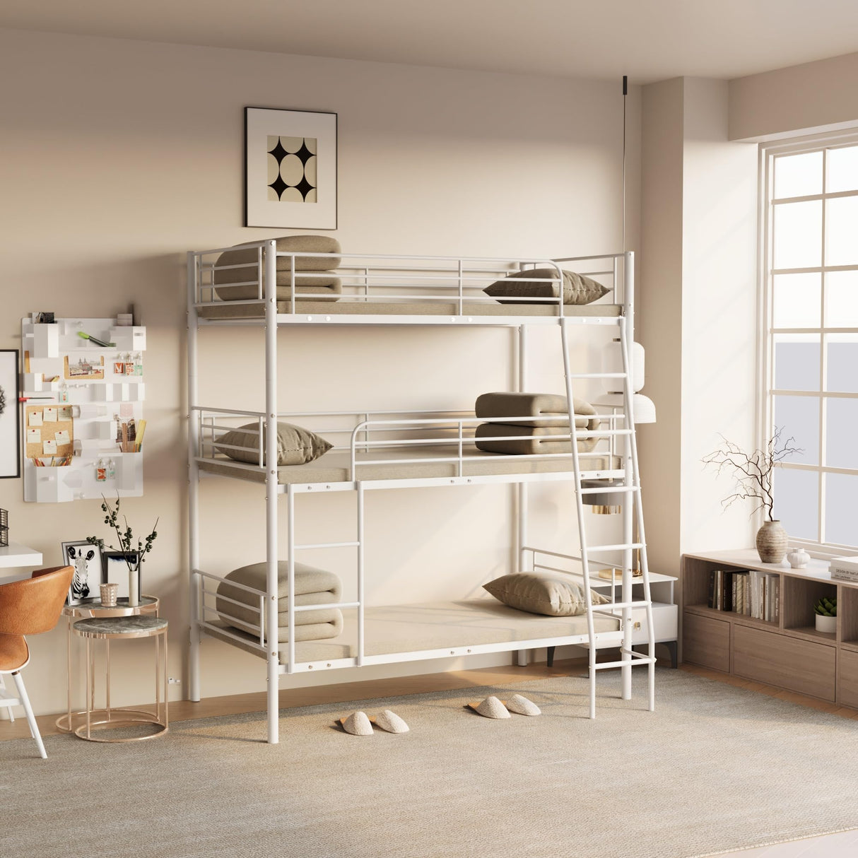 LUMISOL Twin Over Twin Over Twin Triple Bunk Bed, Heavy Duty Metal Triple Bunk Bed Frame with Ladder, Detachable Bunk Beds Can be Divided into 3 Beds, White LUMISOL