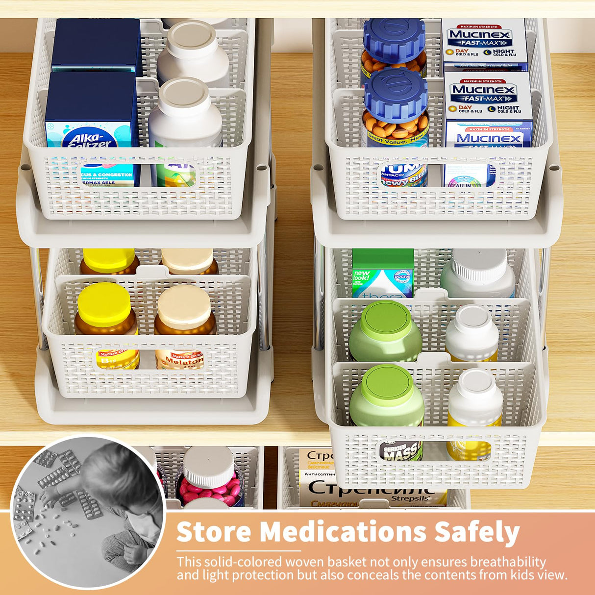 RIKOJUXI Bathroom Organizer with Dividers, 2Pcs 2 Tier Stackable Under Sink Organizers and Storage Cabinet Organizers for Bathroom Kitchen Pantry Organization and Storage, Medicine Cabinet Organizer RIKOJUXI