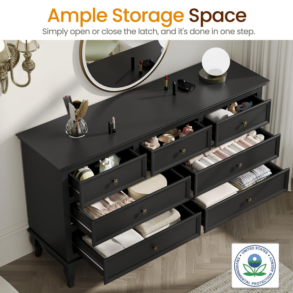 RoyalCraft 7 Drawers Dresser, Black Dresser with Distinctive Wooden Legs & Black Paint Finish, Large Chest of Drawers with Spacious Storage Space for Bedroom, Hallway RoyalCraft