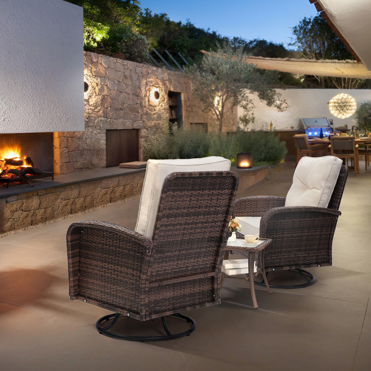 wildformers 2 Luxury Outdoor Swivel Wicker Glider Patio Chairs with Table Set, Overstuffed Washable Cushions, Ideal for Porch, Balcony, Deck, Brown Rattan and Beige Cushions wildformers