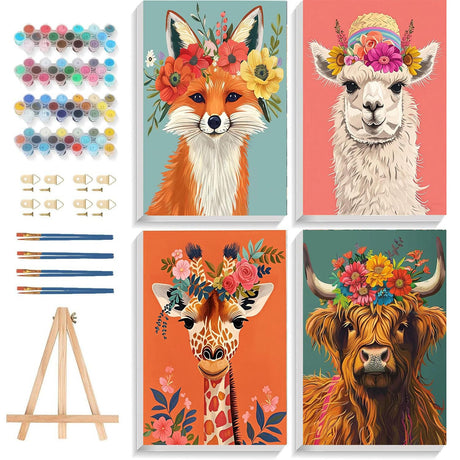 4 Pack Paint by Numbers kit for Adults with Frame and Wooden Easel, Animals Paint by Number Canvas, Easy Paint by Numbers Kit for Adults Beginner Home Wall Decor Gift (8x12 inch) bleihum