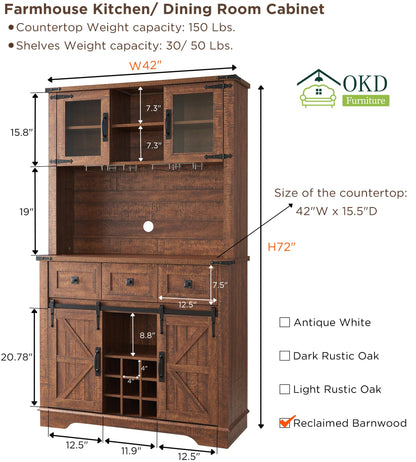 OKD 72" Farmhosue Bar Cabinet with Sliding Barn Door, Large Kitchen Buffet with Hutch w/Wine & Glasses Rack, 3 Drawers, 12 Storage Shelves, Rustic Coffee Bar Sideboard Table, Reclaimed Barnwood