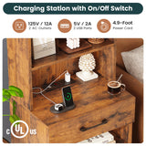 AOGLLATI Tall Night Stand Set of 2, Nightstand with Charging Station and LED Lights, Rustic Brown Bedside Table with Bookshelf, 3 Drawers and Open Shelves, Modern End Side Table for Bedroom AOGLLATI