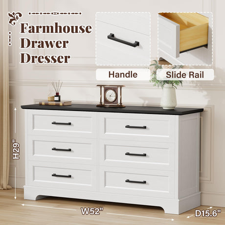 Furmax Farmhouse Dresser for Bedroom, 6 Drawers Dresser, Wood Chest of Drawers, 52" Wide Storage Dressers Organizer for Bedroom, Living Room, White and Black Furmax