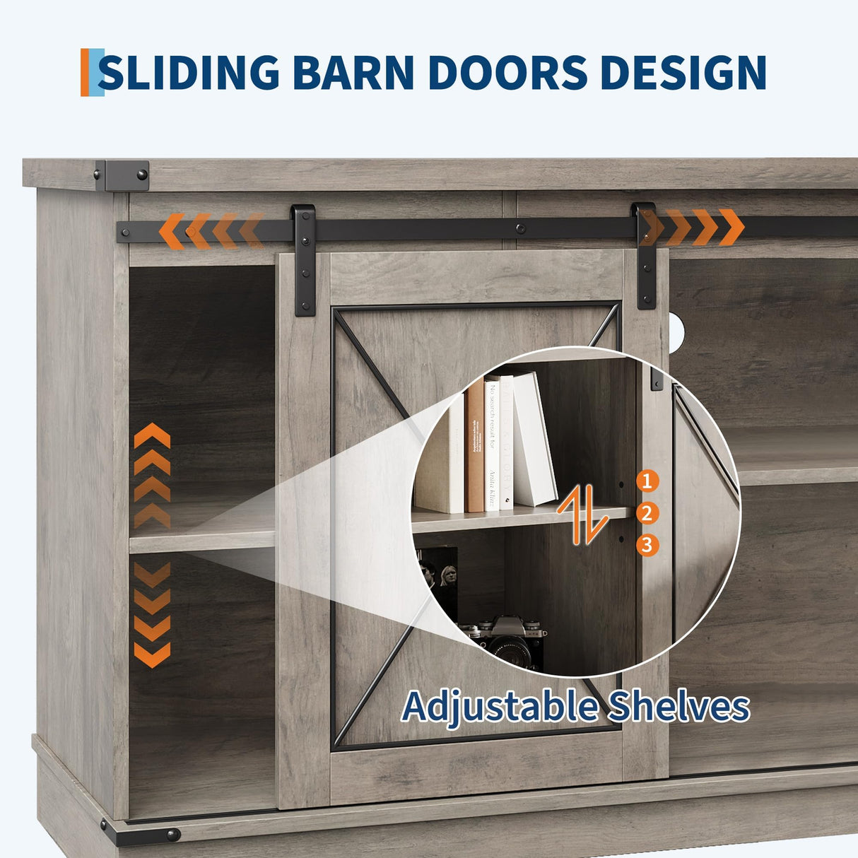 Farmhouse TV Stand for TVs Up to 65", Rustic Entertainment Center with Sliding Barn Doors, Storage Cabinets & Adjustable Shelf, Media Console for Living Room, Bedroom, Grey GAOMON