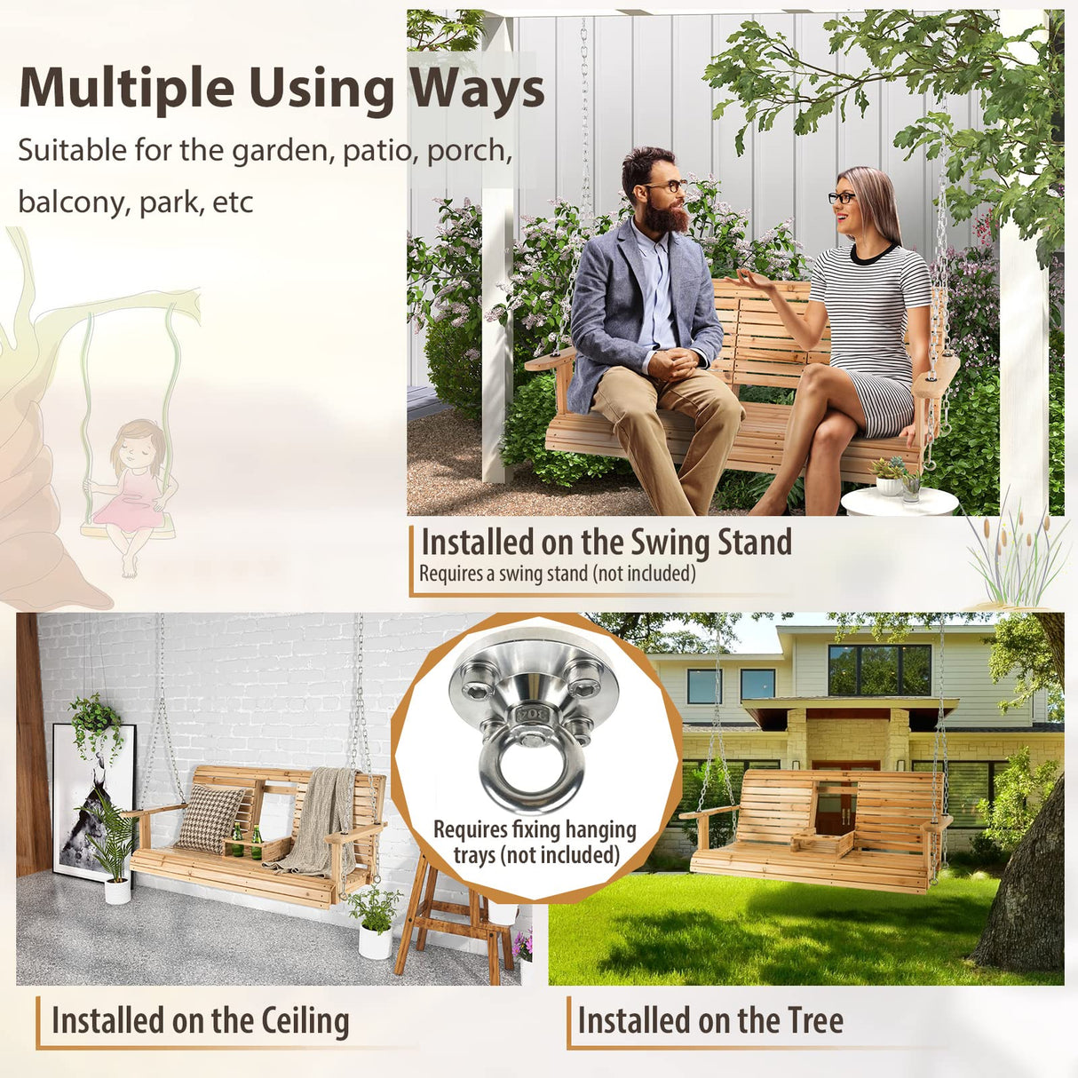 Tangkula 2 Person Hanging Porch Swing, Outdoor Bench Swing with Adjustable Chains, Foldable Cup Holders, High Back, Cozy Armrests, Wooden Hanging Swing Chair for Backyard Deck Garden Natural Tangkula