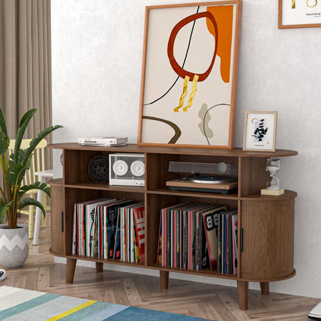 Large Walnut Record Player Stand with Charging Station, Mid-Century Turntable Stand Table, Vinyl Record Player Storage Cabinet for Bedroom, Living Room, Office Athuiline