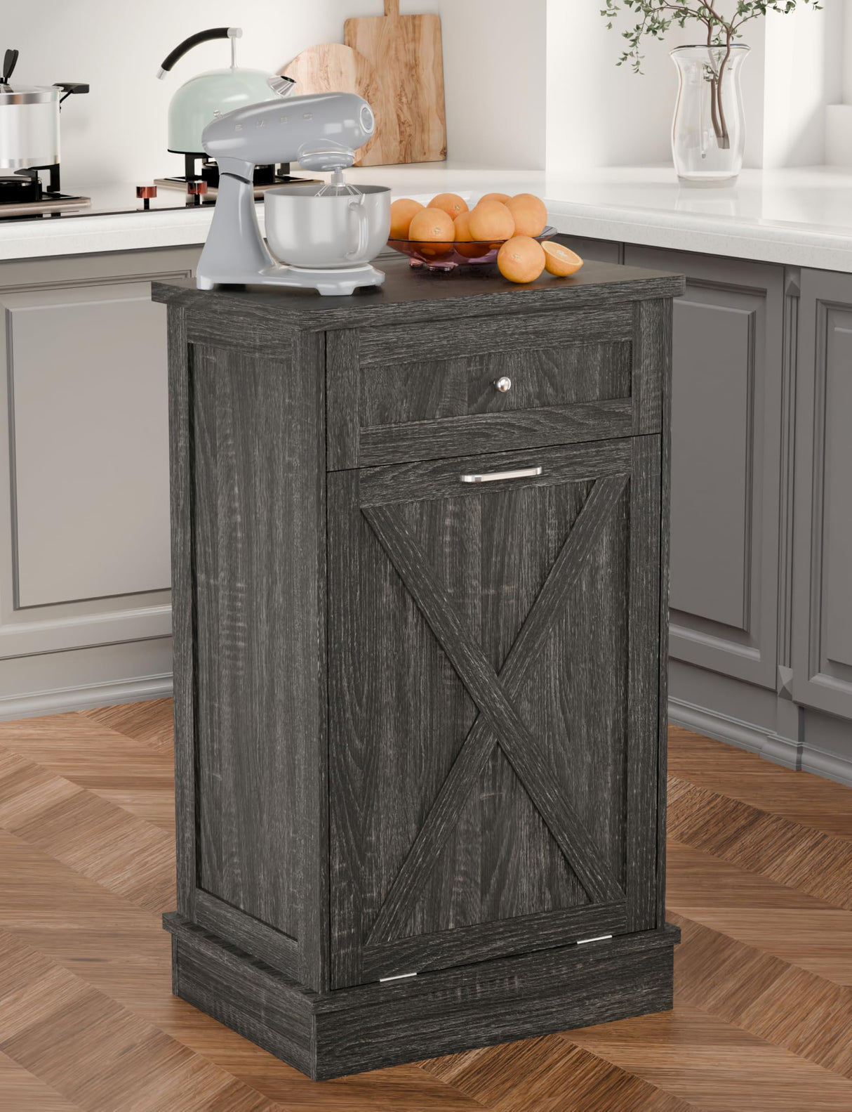 TOLEAD Tilt Out Trash Cabinet,Antique-Style Barn Door Kitchen Island with Solid Wood Tabletop & Drawer, Pet Proof Trash Can, Wood Laundry Cabinet（Oak Grey） TOLEAD
