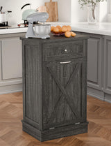 TOLEAD Tilt Out Trash Cabinet,Antique-Style Barn Door Kitchen Island with Solid Wood Tabletop & Drawer, Pet Proof Trash Can, Wood Laundry Cabinet（Oak Grey） TOLEAD
