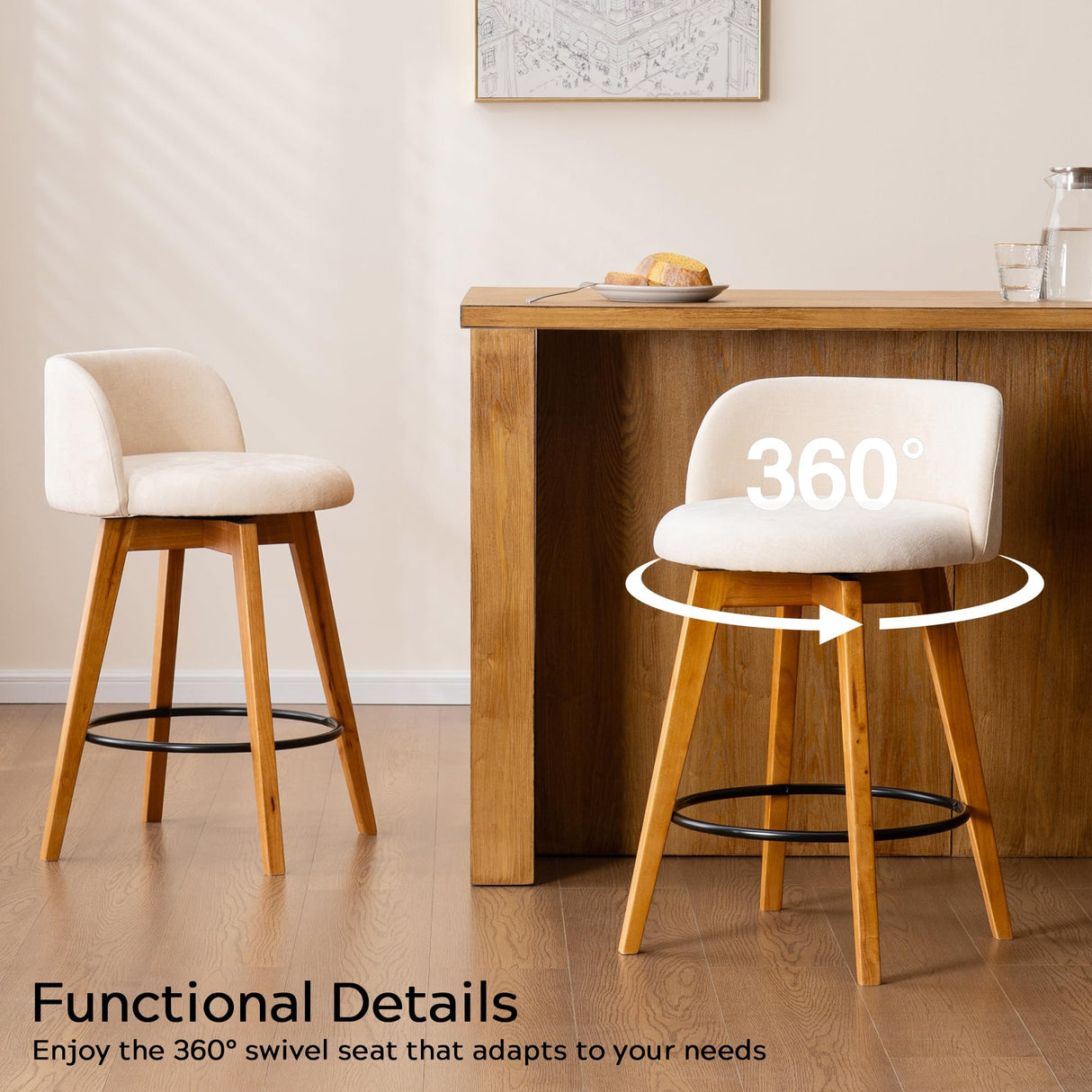 EYYTHUNG 26" Counter Height Bar Stools Set of 2 Mid Century Modern Farmhouse Swivel Barstools Chenille Fabric Upholstered Bar Height Island Chairs with Curved Backrest for Kitchen Island, Beige EYYTHUNG