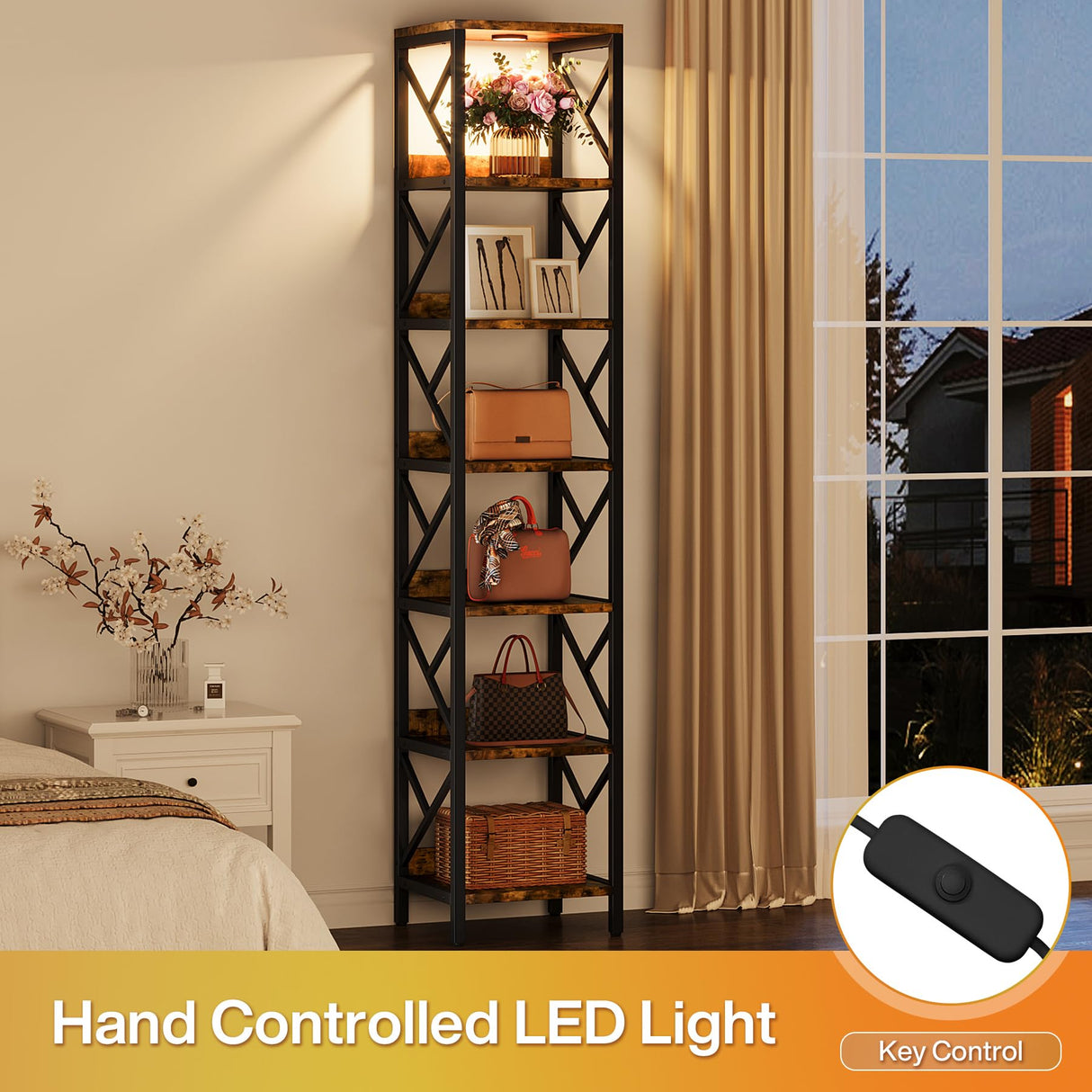 Condemo 78.7 Inch Extra Tall Narrow Bookshelf with LED Light, 7 Tier Skinny Bookcase for Small Space, Freestanding Display Corner Shelf, Modern Industrial Storage Organizer for Home Office, Brown Condemo