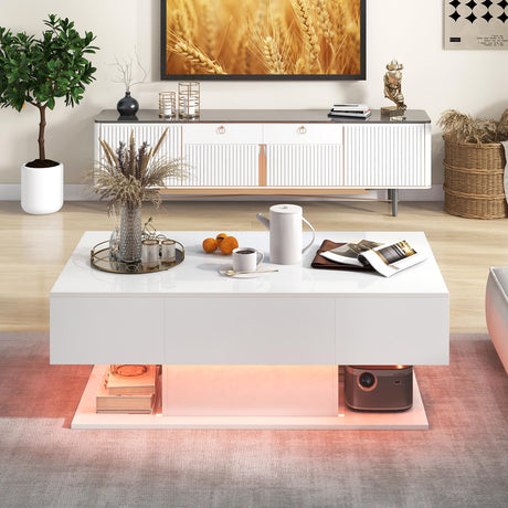 Giantex Modern LED Coffee Table - 2-Tier Center Table w/ 2 Storage Drawers, Adjustable Brightness & Speed, 20-Color Light, 43.5''L Rectangular High-Gloss Finished Table for Living Room (White) Giantex