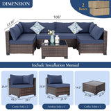 FHFO 7 Piece Outdoor Wicker Patio Furniture Set, Rattan Sectional Sofa Couch, Patio Conversation Set with Cushion & Coffee Table, for Backyard Poolside Porch Garden, Brown-Blue FHFO