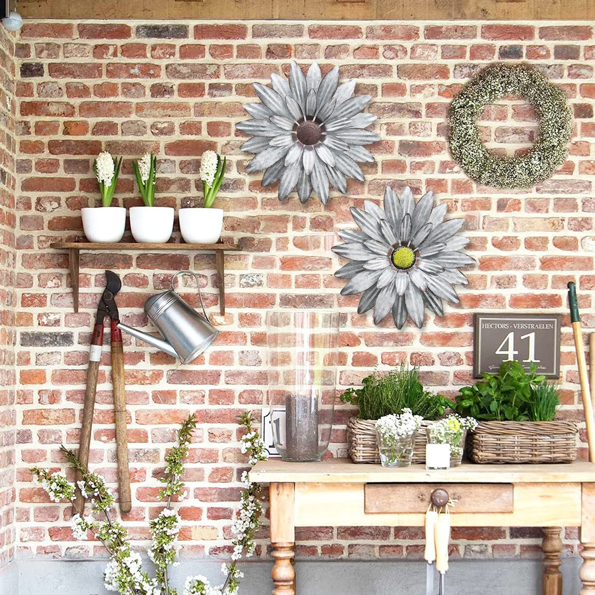 WKHOMEDECO Galvanized Farmhouse Metal Flowers Wall Decor Inspirational,Wall Decor Hanging for Indoor Outdoor Home Bedroom Living Room Office Porch Patio Garden Fence 13Inch,Handmade Gift, Set of 2 WKHOMEDECO