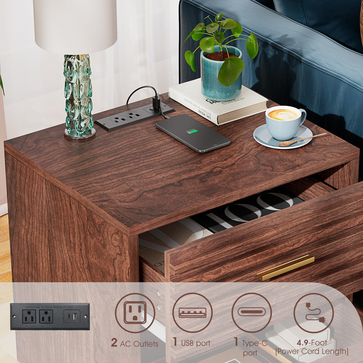 Night Stand with Charging Station Set of 2, Side Table with 2 Drawers, Mid Century Modern End Table with Storage, Wood Bedside Table with USB Ports and Outlets, Nightstand for Bedroom, Brown 2PCS Alohappy