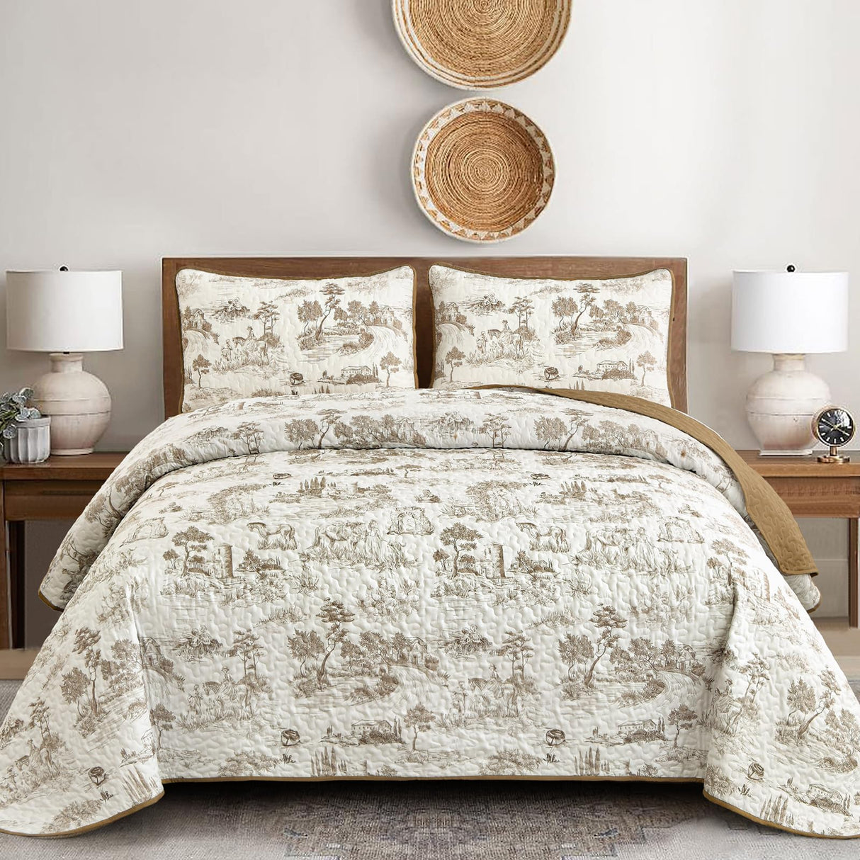 Drucon Khaki Quilt Set King Size, Toile Farmhouse Bedspreads, 3 Pieces Rustic Village Landscape Printed Coverlet, Soft Microfiber Quilt Bedding Set for All Season (106x90 Inch) Drucon