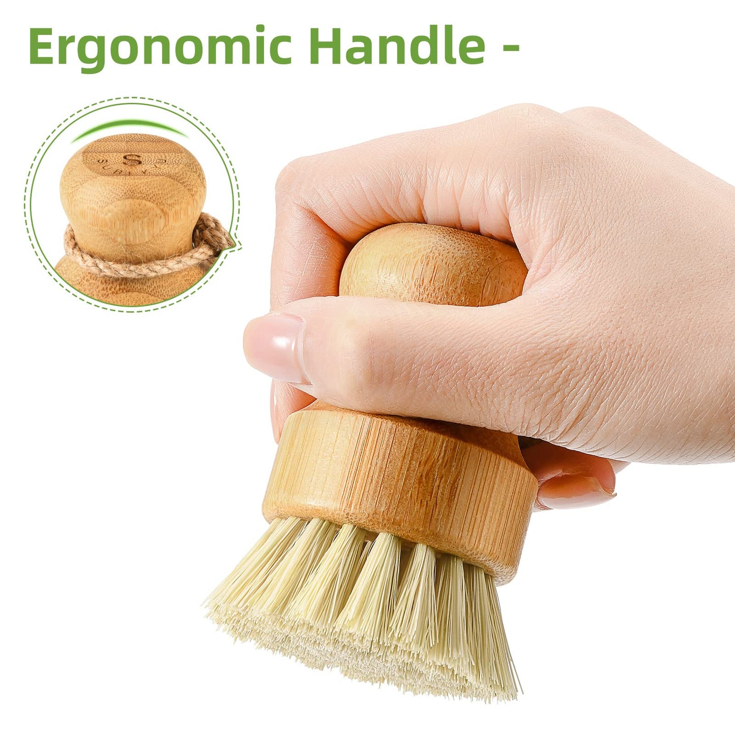 Bamboo Dish Scrub Brushes by Subekyu, Kitchen Wooden Cleaning Scrubbers Set for Washing Cast Iron Pan/Pot, Natural Sisal Bristles, Set of 3