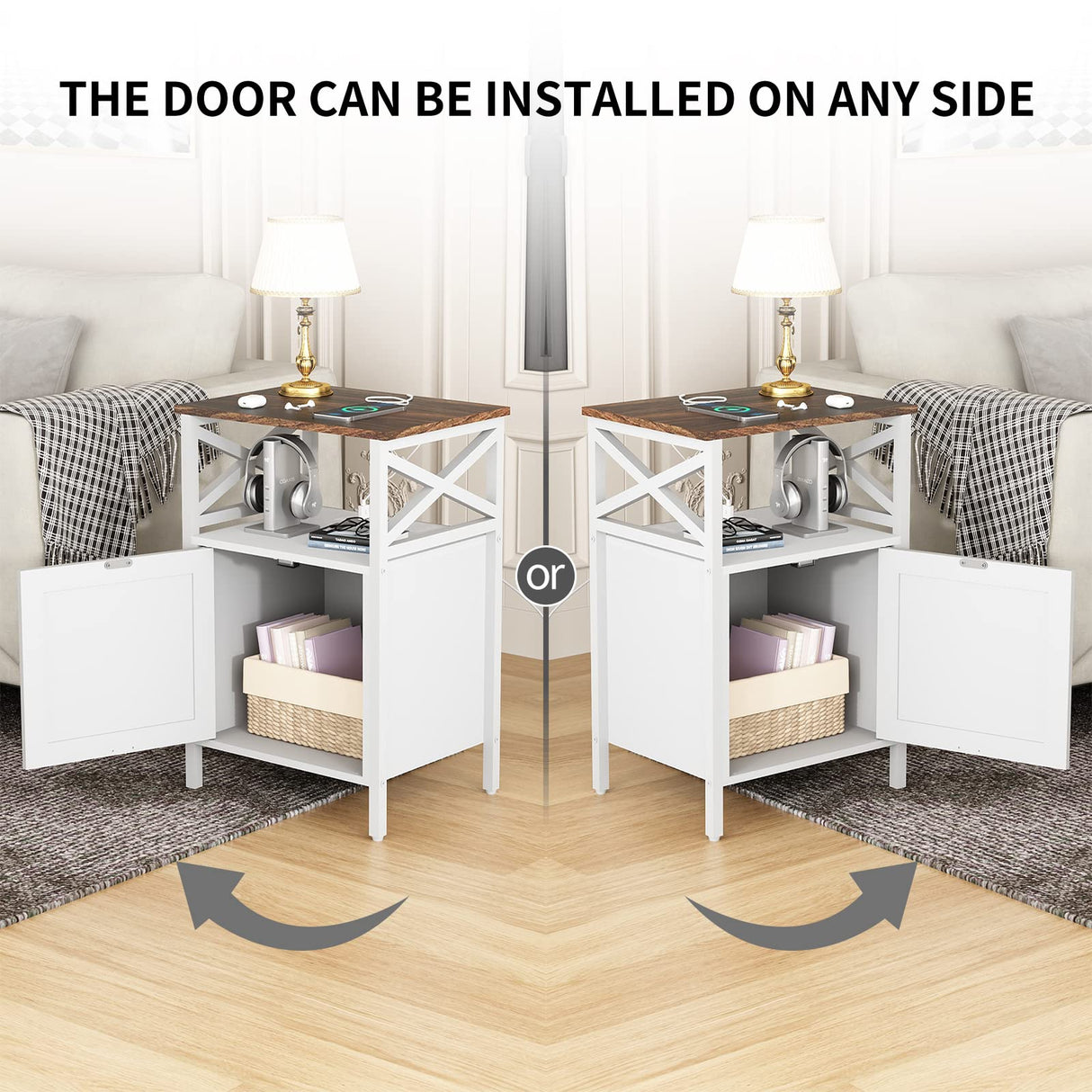 FFBCFDK End Table with Charging Station, Side Table with Power Outlet & USB Ports, Nightstand with 2 Tiers Storage Space and Storage Cabinet, Sofa Side Tables for Bedroom, Living Room,Office, White FFBCFDK