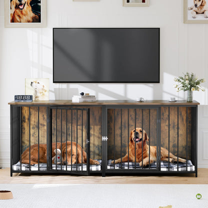 YITAHOME Double Dog Crate Furniture, 80.2 inch Large Breed Dog Kennel with Divider, Heavy Duty Dog House TV Stand Indoor for 2 Medium Dogs, Brown