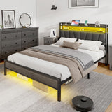 AMERLIFE King Size Bed Frame with RGB Lights & Charging Station, LED Bed Frame with Storage Headboard Linen Upholstered, Heavy Duty Metal Slats, No Box Spring Needed, Rustic Grey AMERLIFE