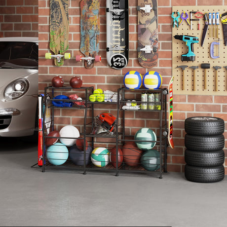 LUMAMU Small Garage Sports Equipment Organizer,Ball Storage Rack with Elastic Rope,Garage Organizer System, Indoor/Outdoor Shelf Rack for Sports Gear and Toys Storage LUMAMU