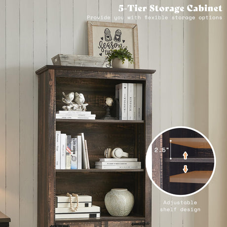 AMERLIFE Farmhouse Bookcase with Doors, 5 Shelf Bookshelf Storage Cabinet with Adjustable Shelves & Barn Door, Versatile Storage Pantry Cabinet for Bedroom, Living Room, Kitchen, Rustic Oak Black AMERLIFE