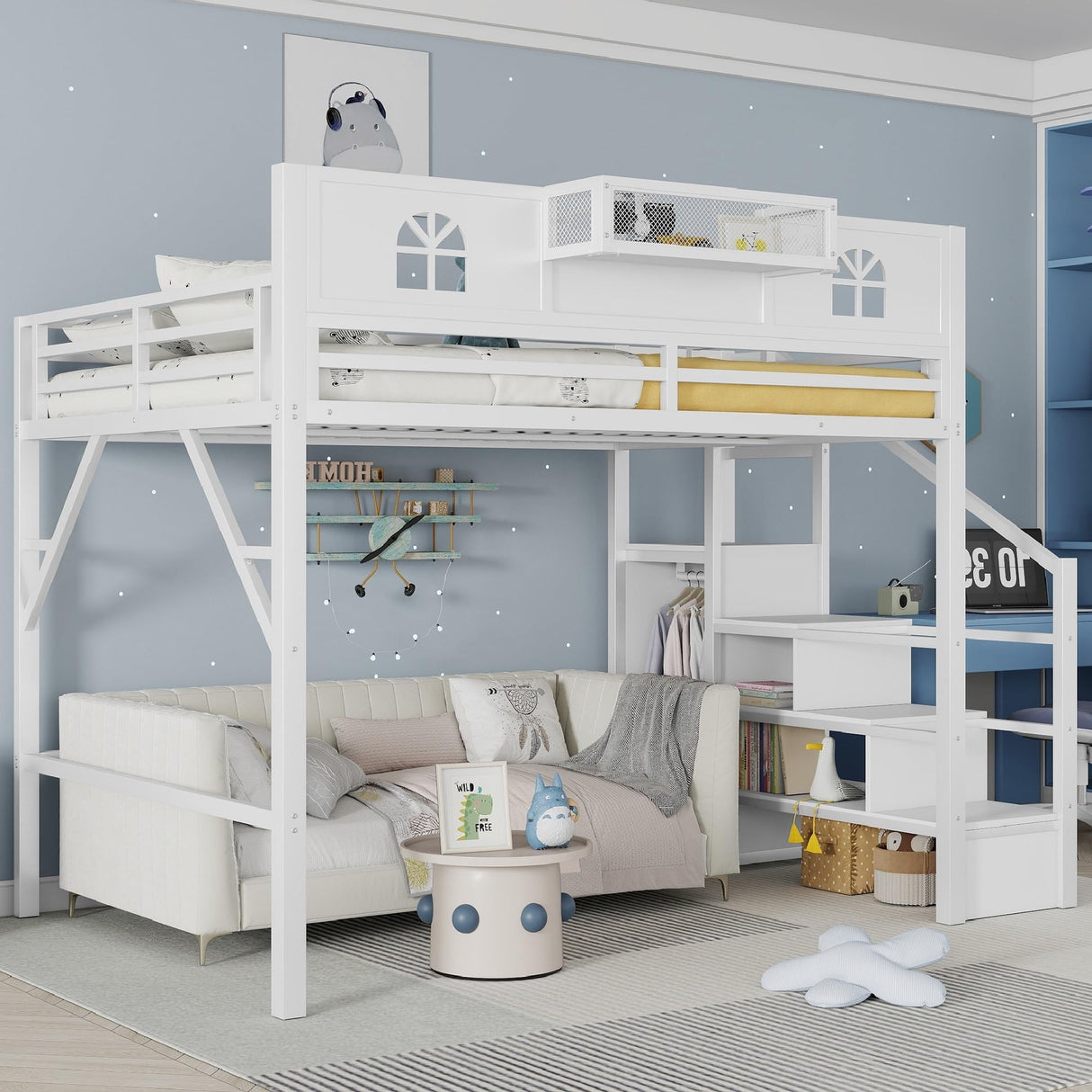 KEIKI Queen Size Loft Bed with Stairs & Storage Wardrobe, Kids Metal Bed Frame w/Safety House-shaped Guardrail, Space-saving Corner Beds w/Top Shelf for Teens, Easy Assembly Bedframe Queen-size, White KEIKI